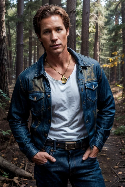 Linden Ashby, Noah Stilinski, Teen Wolf, 40 years old, short messy light brown hair, honey eyes,
black denim jacket with gold edges, dark blue shirt with fox print, blue denim jeans with silver belt, black open denim jacket, dark blue shirt, gold fox pendant, white fox print. forest background fox aura around black color