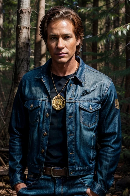Linden Ashby, Noah Stilinski, Teen Wolf, 40 years old, short messy light brown hair, honey eyes,
black denim jacket with gold edges, dark blue shirt with fox print, blue denim jeans with silver belt, black open denim jacket, dark blue shirt, gold fox pendant, white fox print. forest background fox aura around black color