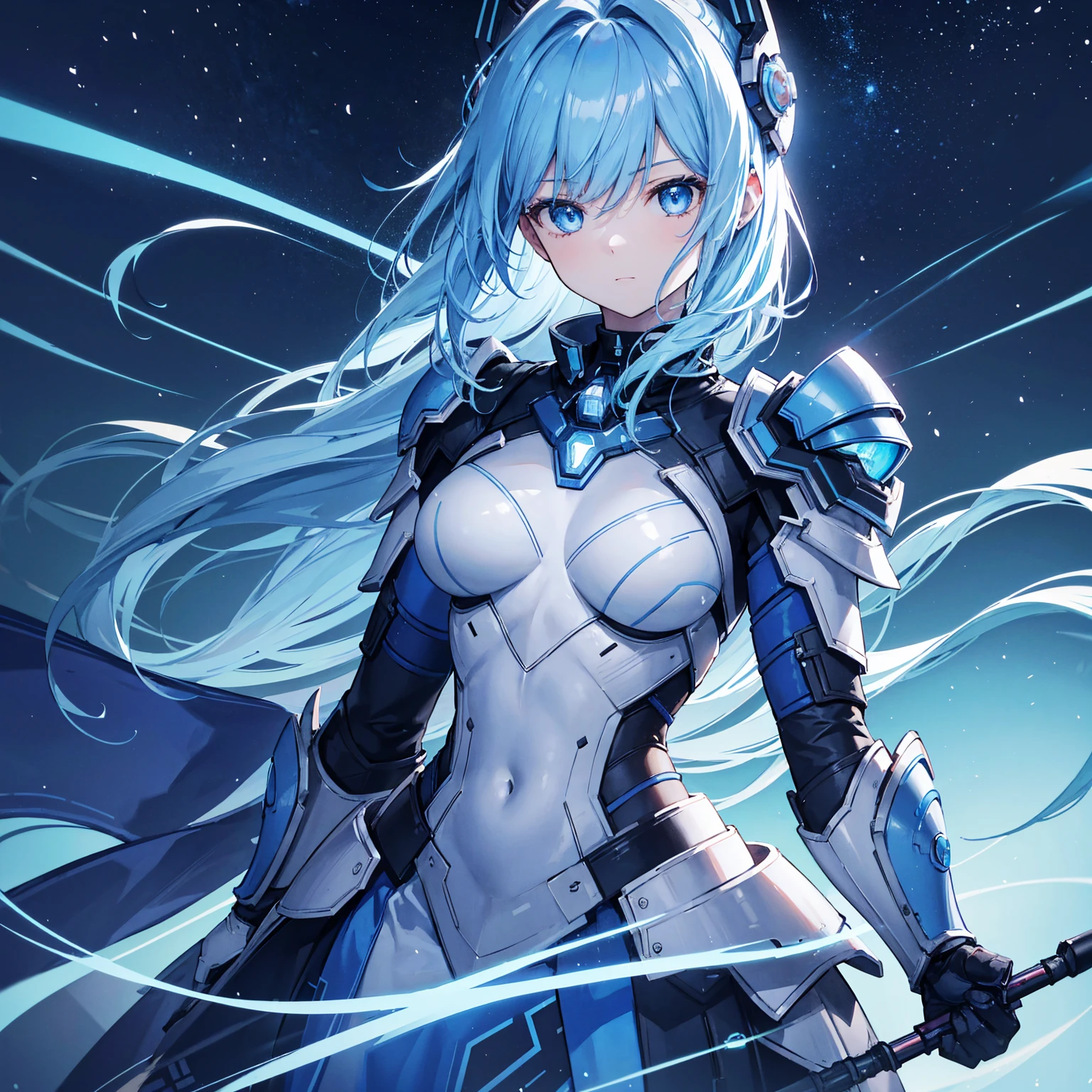 8k, highest quality, (real:1.4), Original photo, 1 girl, Asari Hair, Biological Amplifier, refined armor, posture: Peace talks between warring factions, smart blue eyes,Blue big moon and blue light swirl in the background