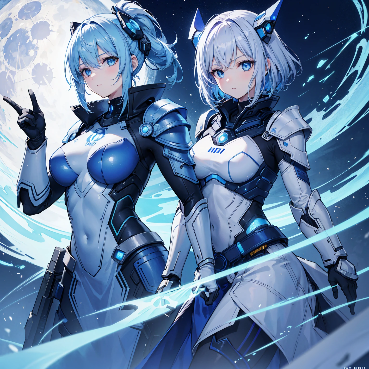 8k, highest quality, (real:1.4), Original photo, 1 girl, Asari Hair, Biological Amplifier, refined armor, posture: Peace talks between warring factions, smart blue eyes,Blue big moon and blue light swirl in the background