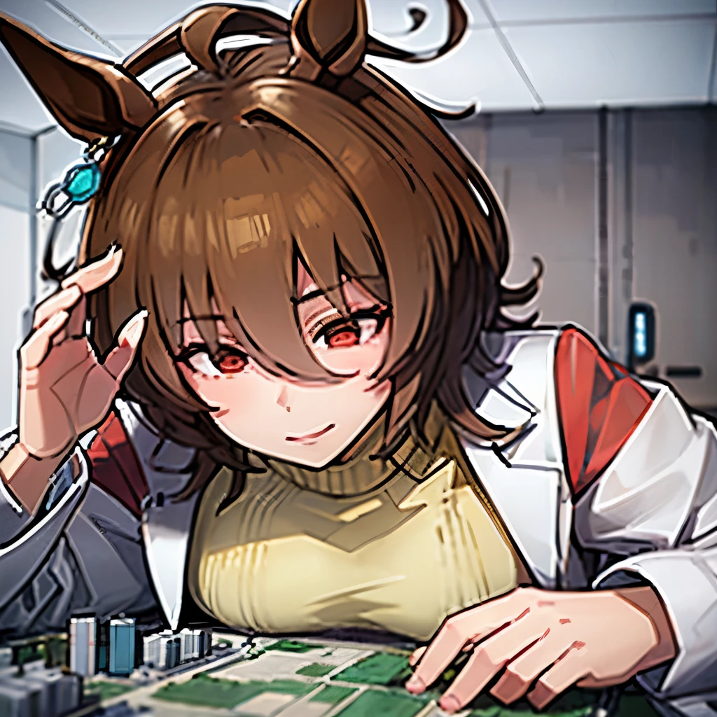 AgnesTachyon_umamusume, giantess, micro city, Labcoat and yellow sweater, UHD, best quality, super detail