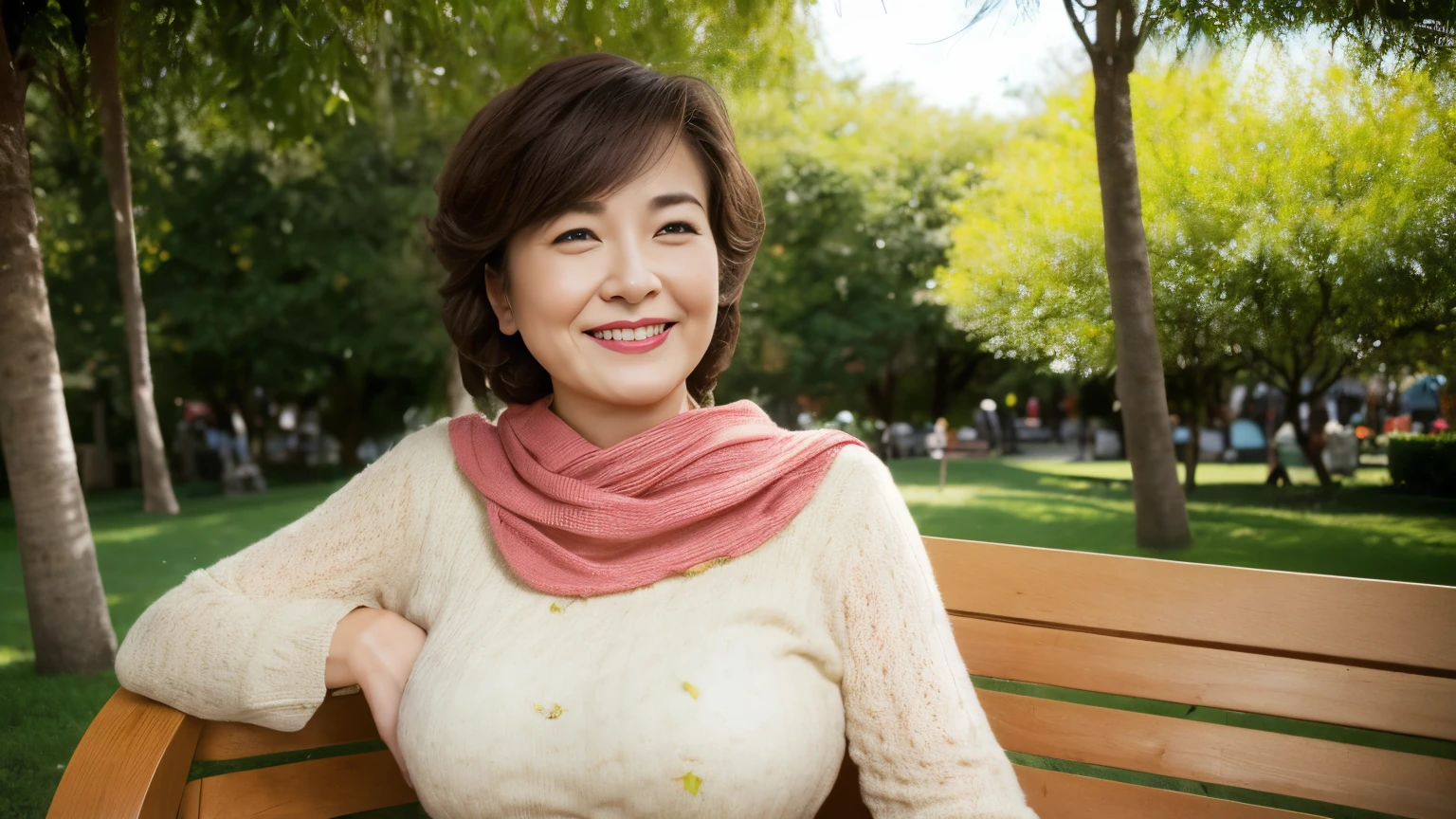 Bewitching Mature Woman１people, The background is a green park, sitting on a park bench, Whole body shot, (((In focus))):1.3, (((Aunt))):1.3, (((Beautiful woman))):1.5 Gravure, Depict lips accurately, Red lipstick, Abnormally large breasts, Wearing a light sweater in spring colors, Elderly Mature Woman, The smile is the best, Flashy face, highest quality, super high quality, Realistic, Ultra-dense skin, Perfect description, (1 日本people熟女), (erotic), 100 years old, Big Breasts, Fascinating, Glamour, sexy, Pure white skin, Looking at the audience,