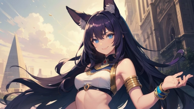 Young ebony girl, long purple hair, jackal ears, blue eyes, pharaoh's clothes, smile, open torso, masterpiece, high quality