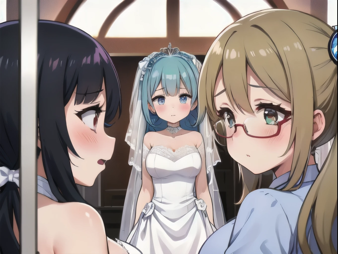 best quality, female, multiple girls, grou, standing, front view, large breasts, best quality, 6girls, crowded, close up, slender, blonde hair, black hair, blue hair, silver hair, red hair, pink hair, green hair, 6 girls, blush, eye glasses, brown skin, twin tails, bow shaped hair, ponytail, aichan, arisa ayase, (wedding dress), wedding party
