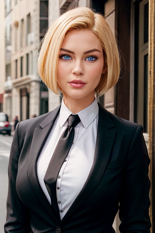 masterpiece, high quality, best quality, realistic, fine detail, black suit, black necktie, MIBSuit, white shirt, Black Suit, Black Jacket Coat, Formal Look, large breasts, (muscular female:0.8), portrait, upper body, blank background, Agent L, blue eyes, blonde hair, short hair, bob hair, black suit, black jacket