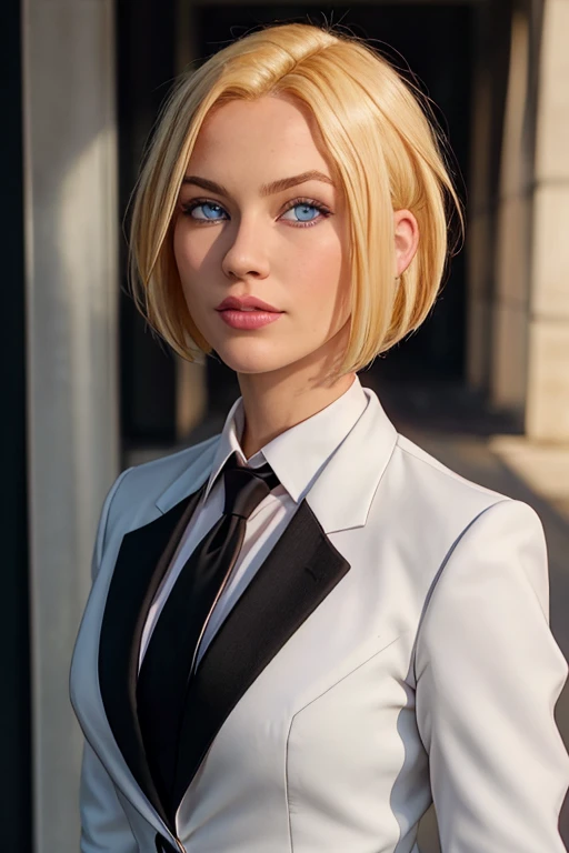 masterpiece, high quality, best quality, realistic, fine detail, black suit, black necktie, MIBSuit, white shirt, Black Suit, Black Jacket Coat, Formal Look, large breasts, (muscular female:0.8), portrait, upper body, blank background, Agent L, blue eyes, blonde hair, short hair, bob hair, black suit, black jacket