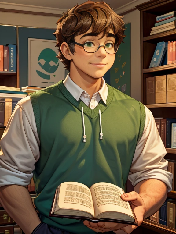 Cute, nerdy boy, brown hair, delicate face, beautiful face, shy expression and flushed cheeks, green eyes, delicate mouth, strong body. He's wearing round glasses, nerdy clothes, holding books. Scene, teenager's room.