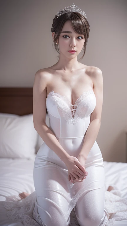 Highly detailed CG Unity 8k wallpaper, top quality, super detailed, masterpiece, realistic, photorealistic, highly detailed cute girl, (25 years old), blush, round eyes, medium breasts, semi-body shot, white wedding dress, kneeling