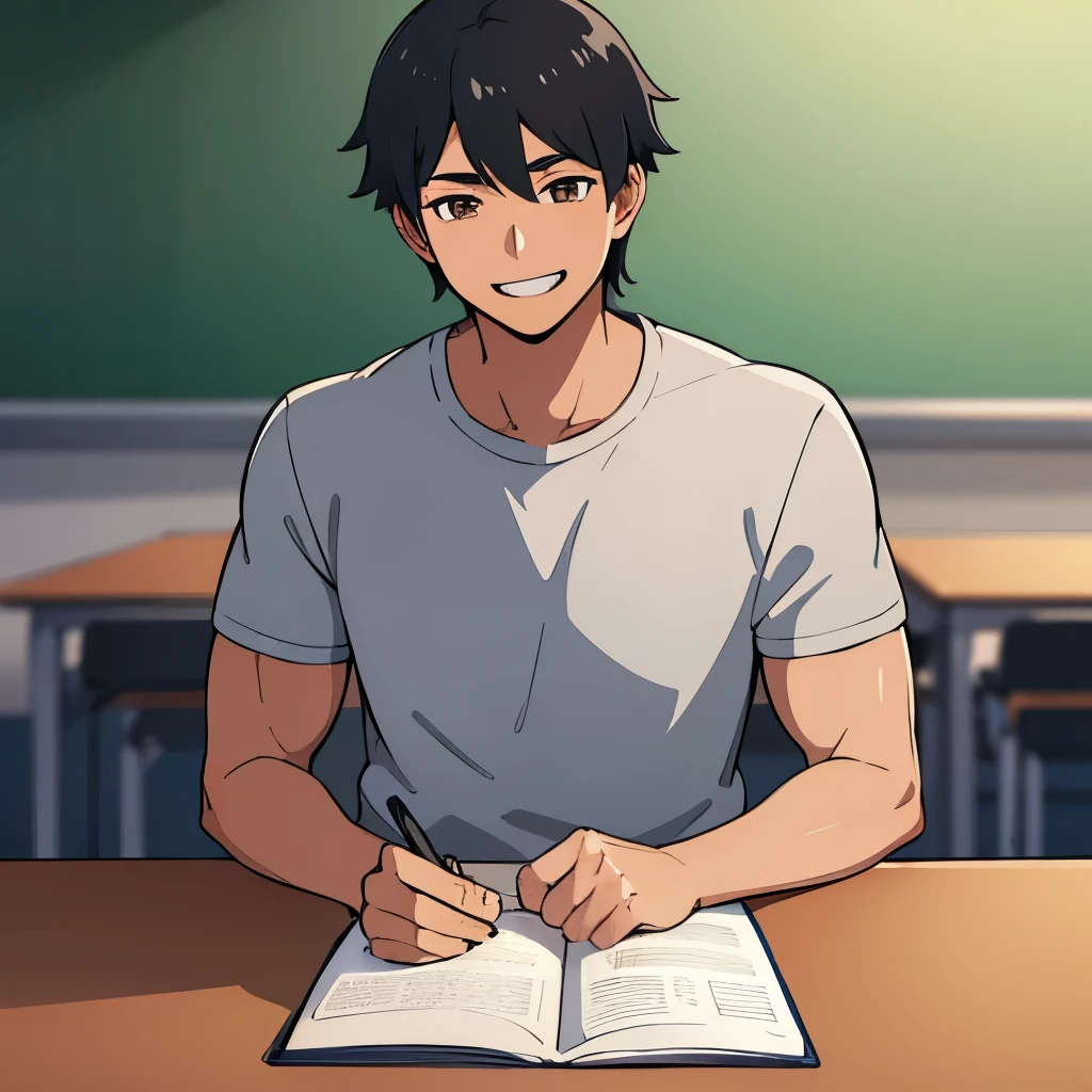 calidad superior, Obra maestra, Anime illustration of a boy with black hair and brown eyes, he wears a , he is smiling while in a classroom, he is tall and muscular