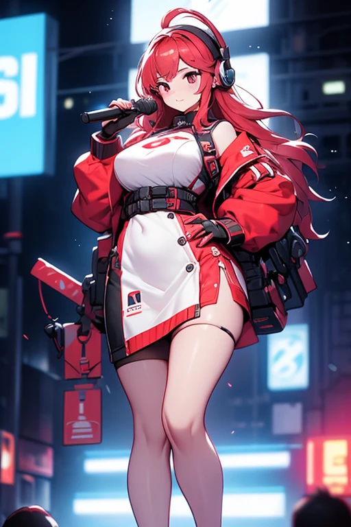 2차원 Idol 소녀, big bust, (big bust), 1 woman, animated film메이션, 단foot, foot, animated film메이션 여자, animated film, singer, Idol, 큰 pelvis, hip, pelvis, 큰 hip, (큰 hip), (큰 pelvis), 단foot 미소녀, big , Big , big pelvis, headphone, white dress, red hair