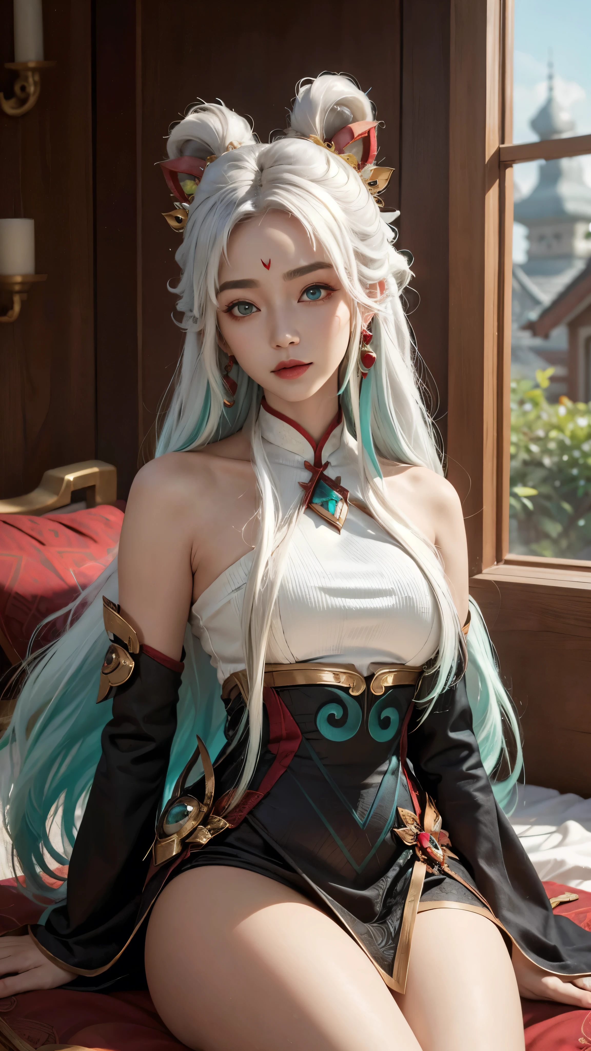 (masterpiece, best quality:1.2), intricate details, mythmaker irelia, 1girl, hair ornament, hair rings, bare shoulders, dress, detached sleeves, forehead mark, multicolored hair, white hair, earrings, green eyes, textured skin, looking at viewer, solo, light smile, (mature female:1.2),sexy pose