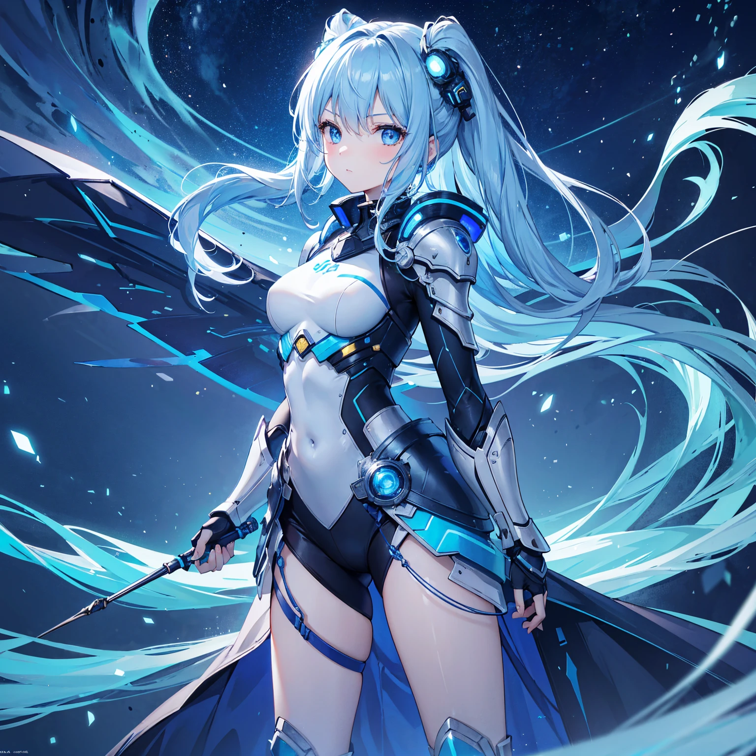 8k, highest quality, (real:1.4), Original photo, 1 girl, Asari Hair, Biological Amplifier, refined armor, posture: Peace talks between warring factions, smart blue eyes,Blue big moon and blue light swirl in the background、Blue light from behind