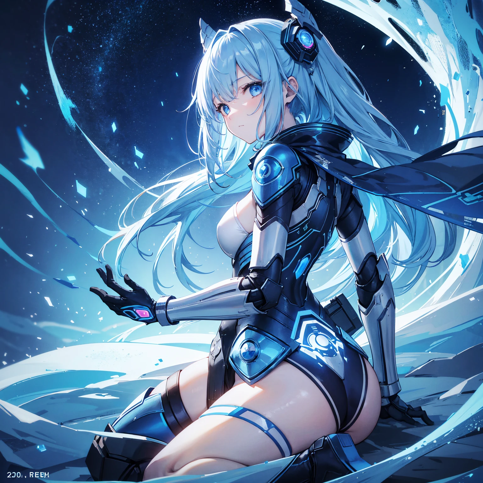 8k, highest quality, (real:1.4), Original photo, 1 girl, Asari Hair, Biological Amplifier, refined armor, posture: Peace talks between warring factions, smart blue eyes,Blue big moon and blue light swirl in the background、Blue light from behind