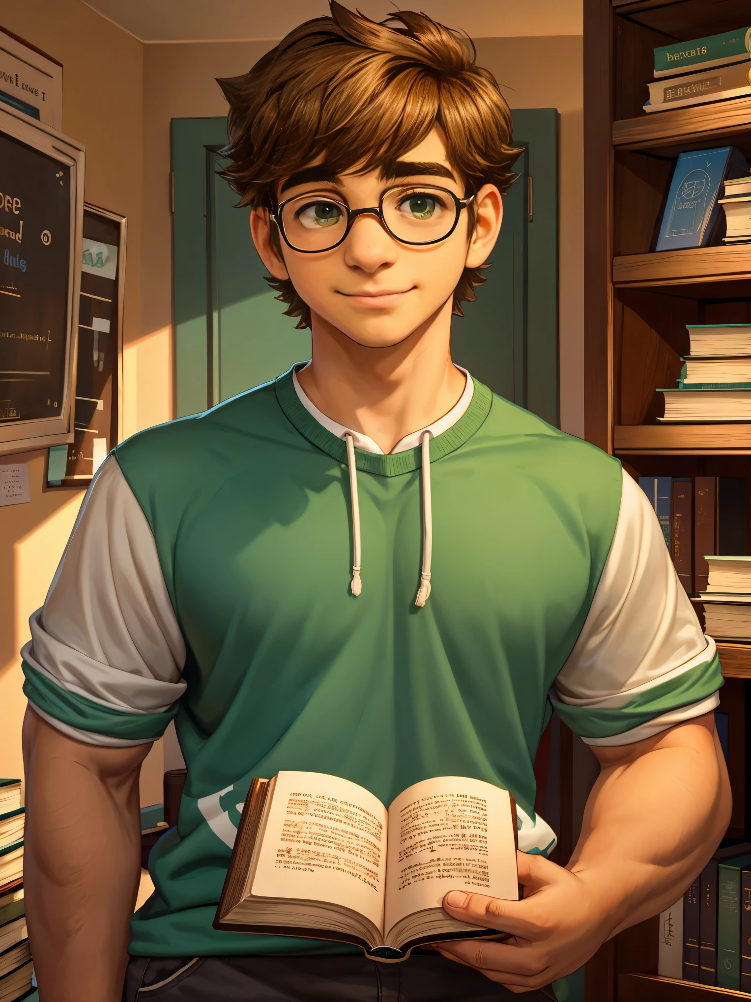 Cute, nerdy boy, brown hair, delicate face, beautiful face, shy expression and flushed cheeks, green eyes, delicate mouth, strong body. He's wearing round glasses, nerdy clothes, holding books. Scene, 's room.