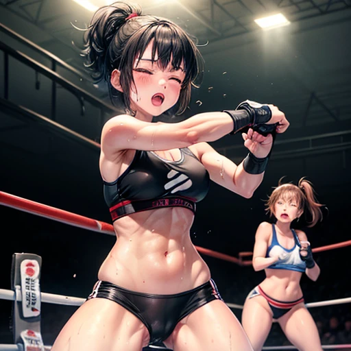 Two poorly built Japanese high school girls are fighting in a martial arts ring. Punches are hitting their opponents' bodies. Drenched in sweat, she has her eyes closed, mouth open, panting and drooling. Short-cut black hair. Sports bra. High-leg panties. Open finger gloves. Erect nipples. Her poor belly. Tiny breasts.