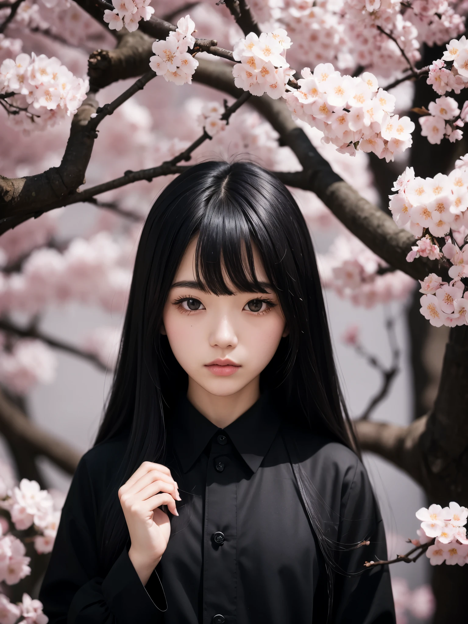 Black outfit、Comme des Garcons-like outfit、Portrait、Cherry blossom background、Long Black Hair、Japanese、Age 25
