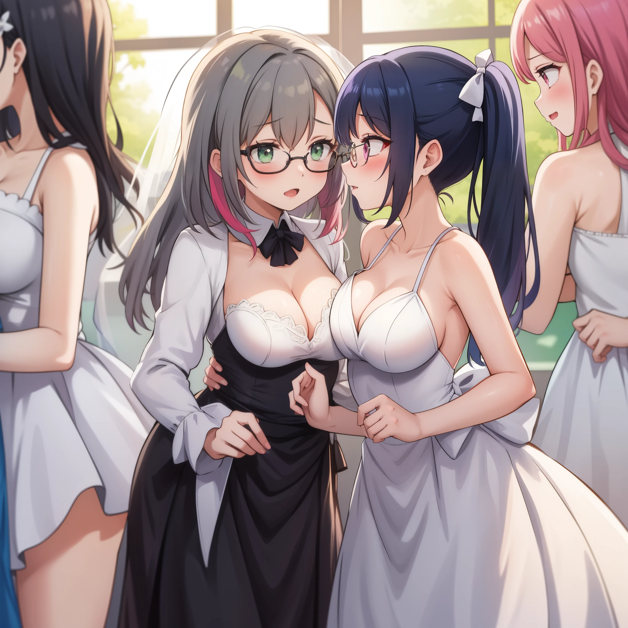 best quality, female, multiple girls, grou, standing, front view, large breasts, best quality, 6girls, crowded, close up, slender, blonde hair, black hair, blue hair, silver hair, red hair, pink hair, green hair, 6 girls, blush, eye glasses, brown skin, twin tails, bow shaped hair, ponytail, aichan, arisa ayase, (wedding dress), wedding party