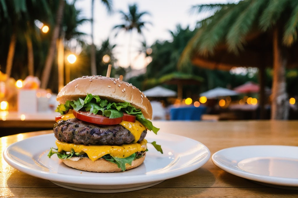 Photo of a Beautiful beef burger on a plate under the palm trees at the beach, high aperture , Summer, night time, golden hour,  film grain, Ilford HP5, 85mm