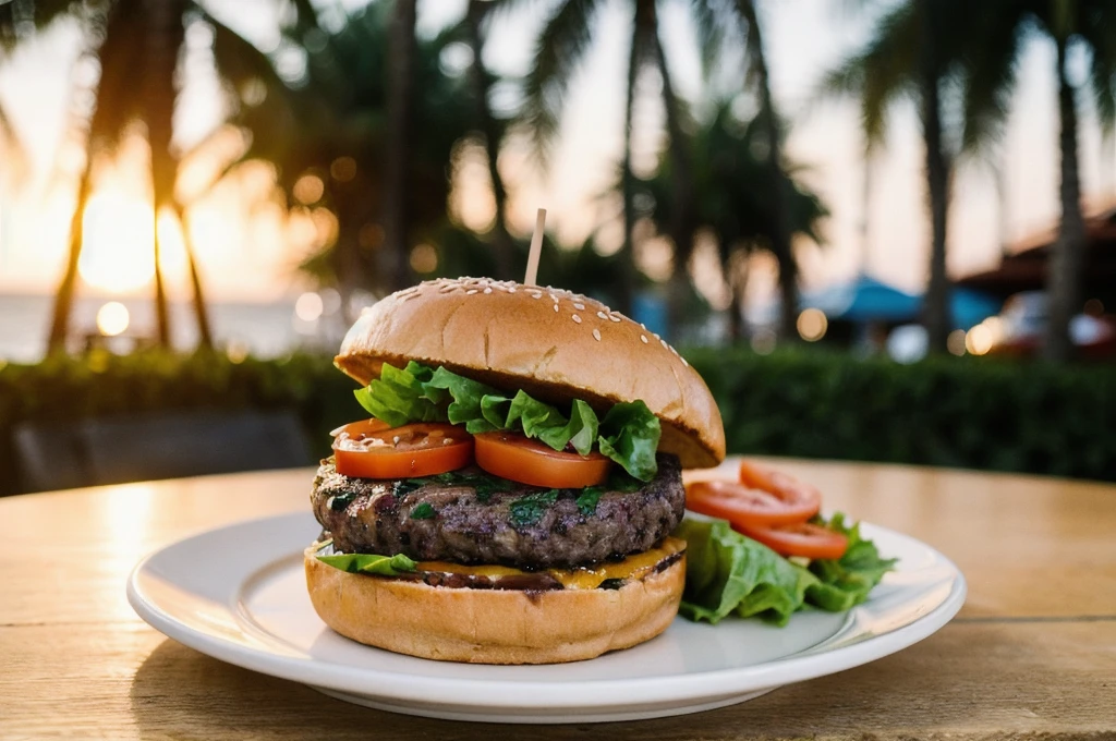 Photo of a Beautiful beef burger on a plate under the palm trees at the beach, high aperture , Summer, night time, golden hour, film grain, Ilford HP5, 85mm