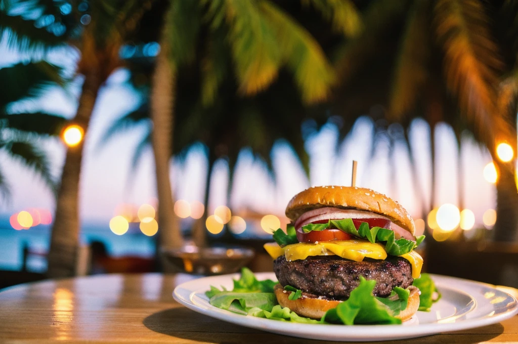 Photo of a Beautiful beef burger on a plate under the palm trees at the beach, high aperture , Summer, night time, golden hour, film grain, Ilford HP5, 85mm