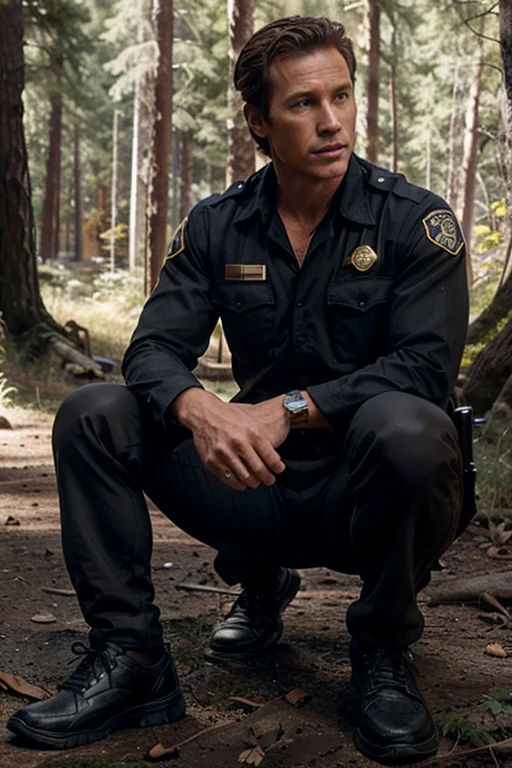 Linden Ashby, Noah Stilinski, Wolf, 40 years old, short messy light brown hair, honey eyes, police sheriff uniform gray shirt on badge on black pantsuit black shoes gold fox pendant, white fox print. forest background fox aura around black color