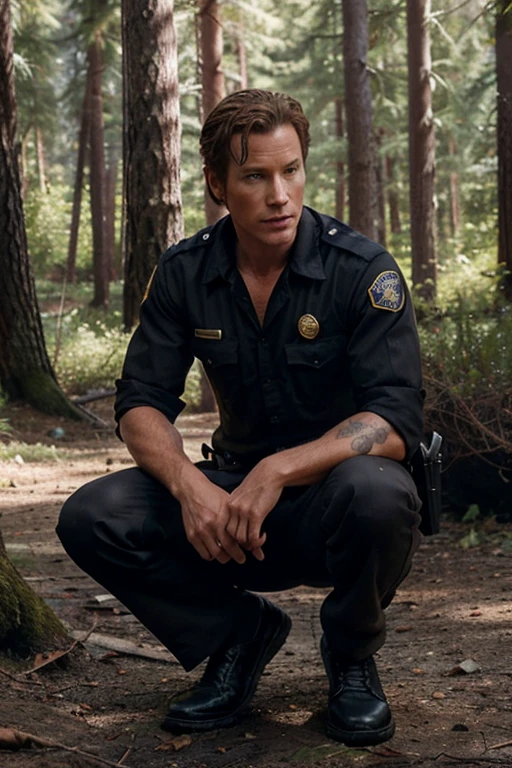 Linden Ashby, Noah Stilinski, Teen Wolf, 40 years old, short messy light brown hair, honey eyes, police sheriff uniform gray shirt on badge on black pantsuit black shoes gold fox pendant, white fox print. forest background fox aura around black color
