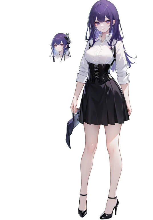 Purple hair,long hair,Adult female,((Rolling up your sleeves shirt)),(Corset),(Tight skirt),(high heels),((Simple White background)),Smile,((Full body)),((whole body)),Character Sheet,