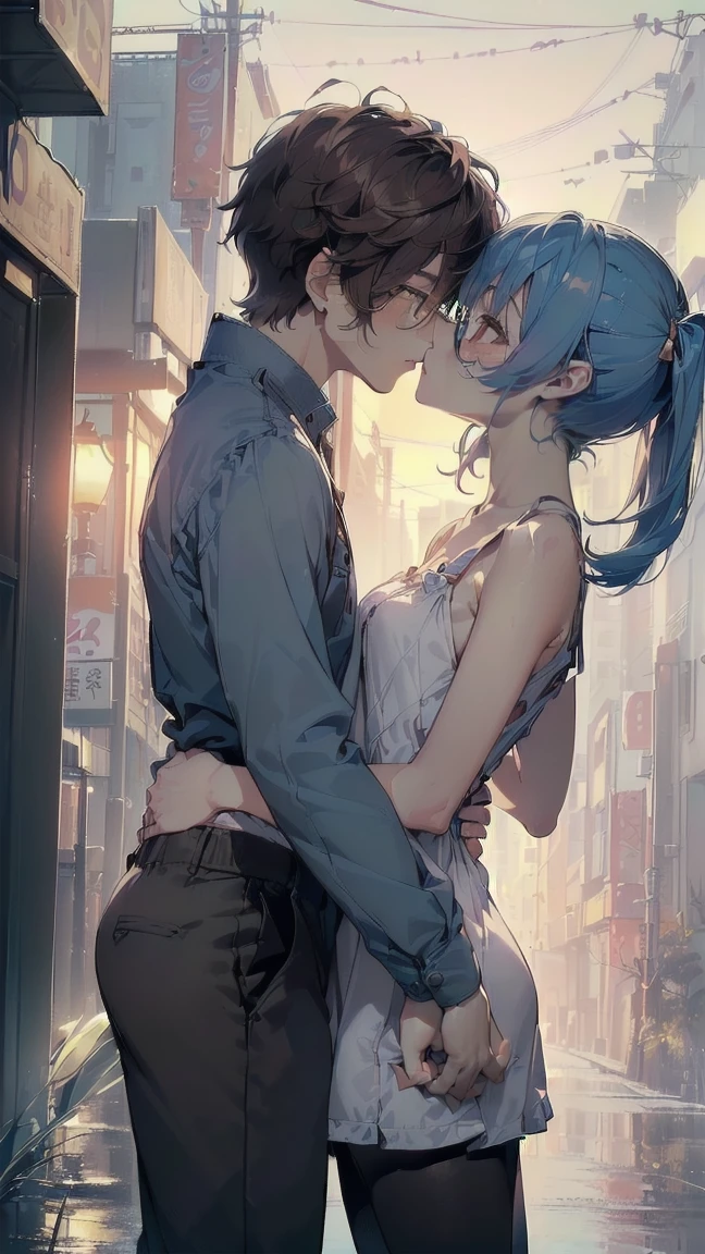 ((top quality, ultra-detailed, high resolution, extremely detailed CG, unity 8k wallpaper, by famous artist, perfect anatomy, super detailed skin, cinematic lighting, UHD, retina, anatomically correct, 1080P)), ((Please draw a couple in love of one girl and one boy in a lovely date, kissing:1.3), ((a girl with a boy)), ((Girl details: face,-yeld:3.girl height: 152 cm, She is small, short, she is very short, too small, a very young teenager of 13 years  the body of an immature teenage girl from middle school of 13 y androgynous charm, childish body, thin arms and legs, very skinny. Blue hair, straight bangs, hair bows, pigtails. Bluehead girl. Golden-yellow-amber perfect eyes. She is sweet, tender, adorable, cute, beautiful, kawaii and ulzzang. She is dressed in a pampered dress and Japanese fashion moe. Bare arms, shoulders and legs)) ((only the girl has red hair)) ((Boy details: face, 17-year-old:2.0, Amamiya Ren:2.0, boy height: 172 , b browair boy, tall boy, mature man, athletic, manly, masculine, handsome, mature boy, a high school student, boy with full dark brown hair, masculine, manly, small butt, beautiful detailed full dark brown eyes, boy with glasses, perfect eyes, elegant youth clothing man, black pants, boy is more mature, mature boy)) (Detailed Lighting), ((Detailed background)), ((Romantic date at night walking through the streets of Tokyo)), full body shot, ((perfect each 5 finger, full limbs, complete fingers, perfect fingers, perfect arms)) ((one man and one woman)) ((romantic kiss)) (((the girl is much smaller than the boy))) ((couple of one girl and one boy)) ((kissing)) (((The boy is very tall, the girl is very short))) ((perfect fingers, perfect hands)) ((perfect feet)) ((kiss face to face, very close)) ((perfect detailed face))