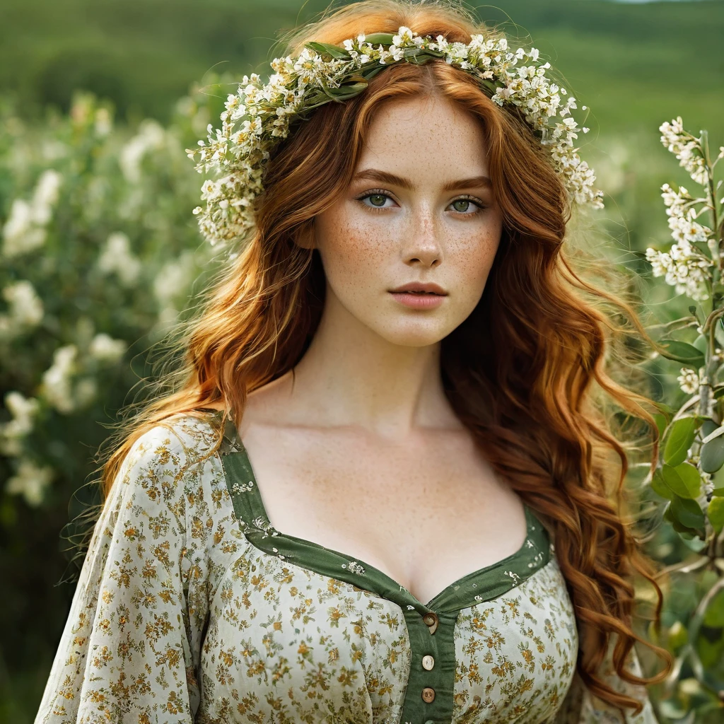 Luma is a elegant person, she is beautiful And have a strong posture, she has breasts that have a voluminous proportion, a pear feminine silhouette, Auburn hair, long Auburn hair, She has expressive eyes, ( Only eyes olive green) Her skin is fair and she has some light freckles on her cheek bones, busty, Farm, Brown rustic clothes, boho clothes, farm boho fashion clothes, romantic vibes, fire lights, fire sparkles, flowers clothes the hair to be half straight and half with curled ends cartoon