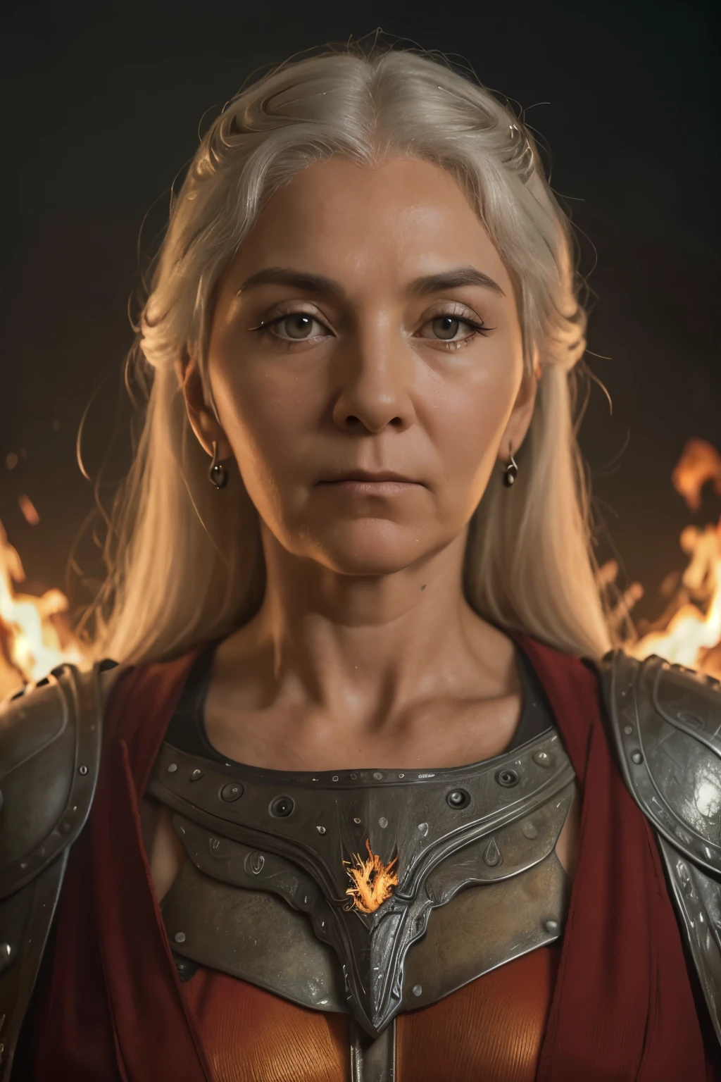 (((Cinematic heavy metal poster))) of Rhaenys Targaryen, (((old woman, 60 years old))) , Gothic style,  (a detailed RAW photo of a ), (master part:1.0), (best quality:1.4), (Ultra Highres:1.2), (photorealistic:1.4), 8K resolution, Canon EOS R5, 50 millimeters, Absurd, Ultra Detailed, sharp focus, Cinematic lighting, detailed face,  (ULZZANG-6500-V1.1), detailed skin texture, pale skin, chest round, (pale :0.5), Cinematic lighting. (((Abstract flames background)))