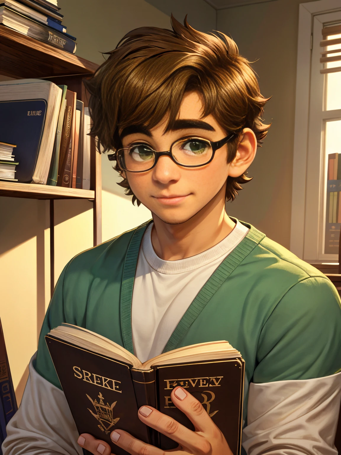 Cute, nerdy boy, brown hair, delicate face, beautiful face, shy expression and flushed cheeks, green eyes, delicate mouth, strong body. He's wearing round glasses, nerdy clothes, holding books. Scene, teenager's room.