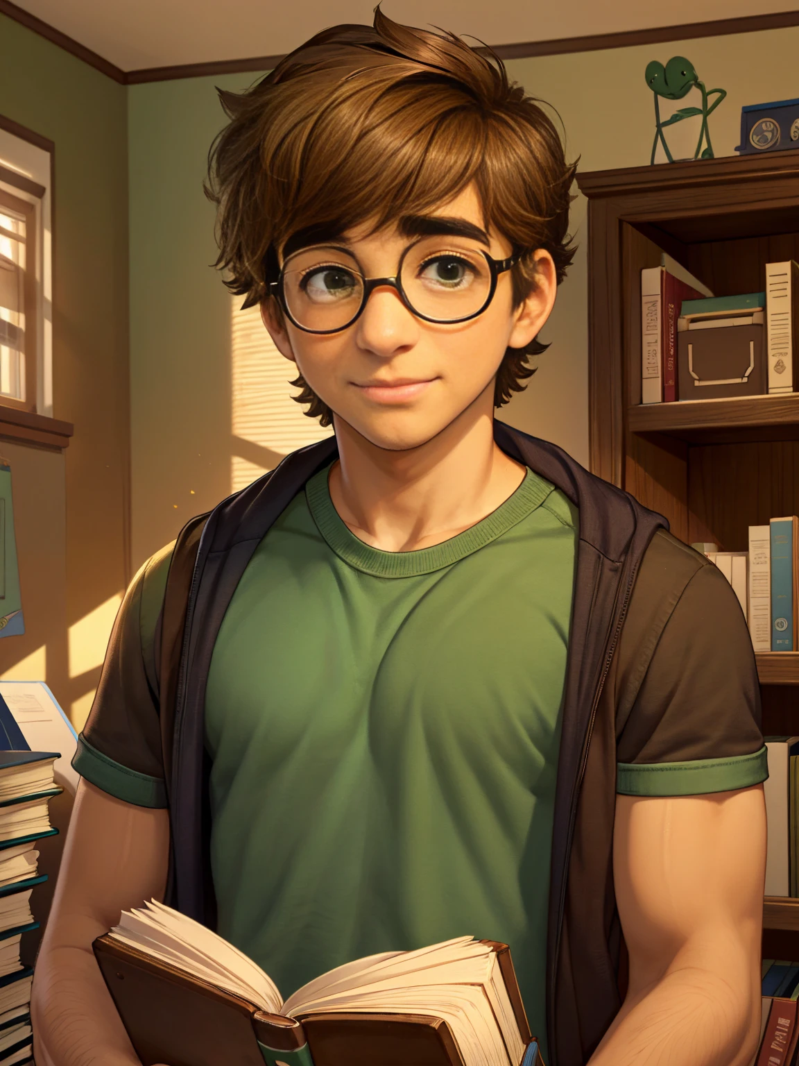 Cute, nerdy boy, brown hair, delicate face, beautiful face, shy expression and flushed cheeks, green eyes, delicate mouth, strong body. He's wearing round glasses, nerdy clothes, holding books. Scene, 's room.