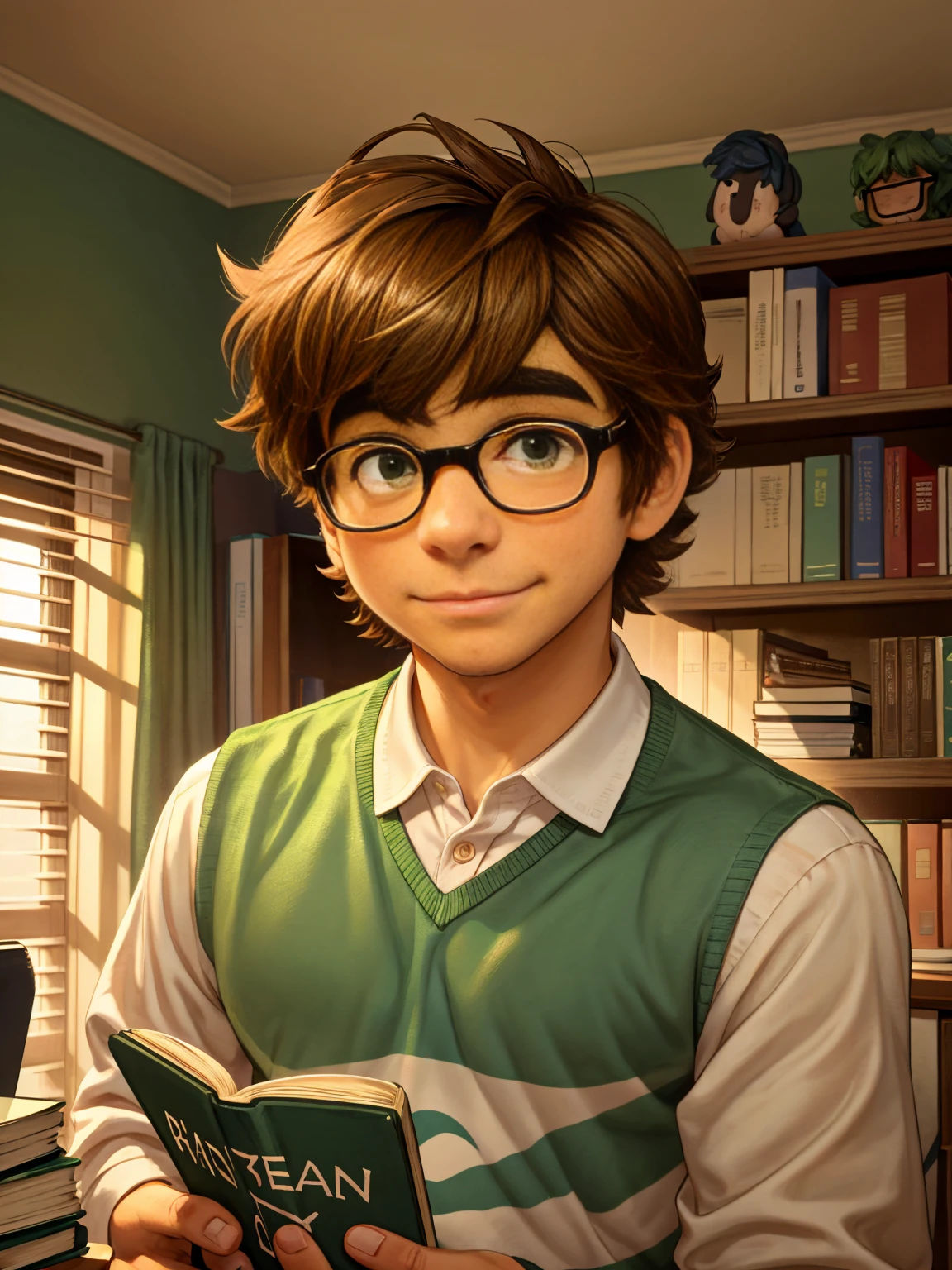 Cute, nerdy boy, brown hair, delicate face, beautiful face, shy expression and flushed cheeks, green eyes, delicate mouth, strong body. He's wearing round glasses, nerdy clothes, holding books. Scene, 's room.