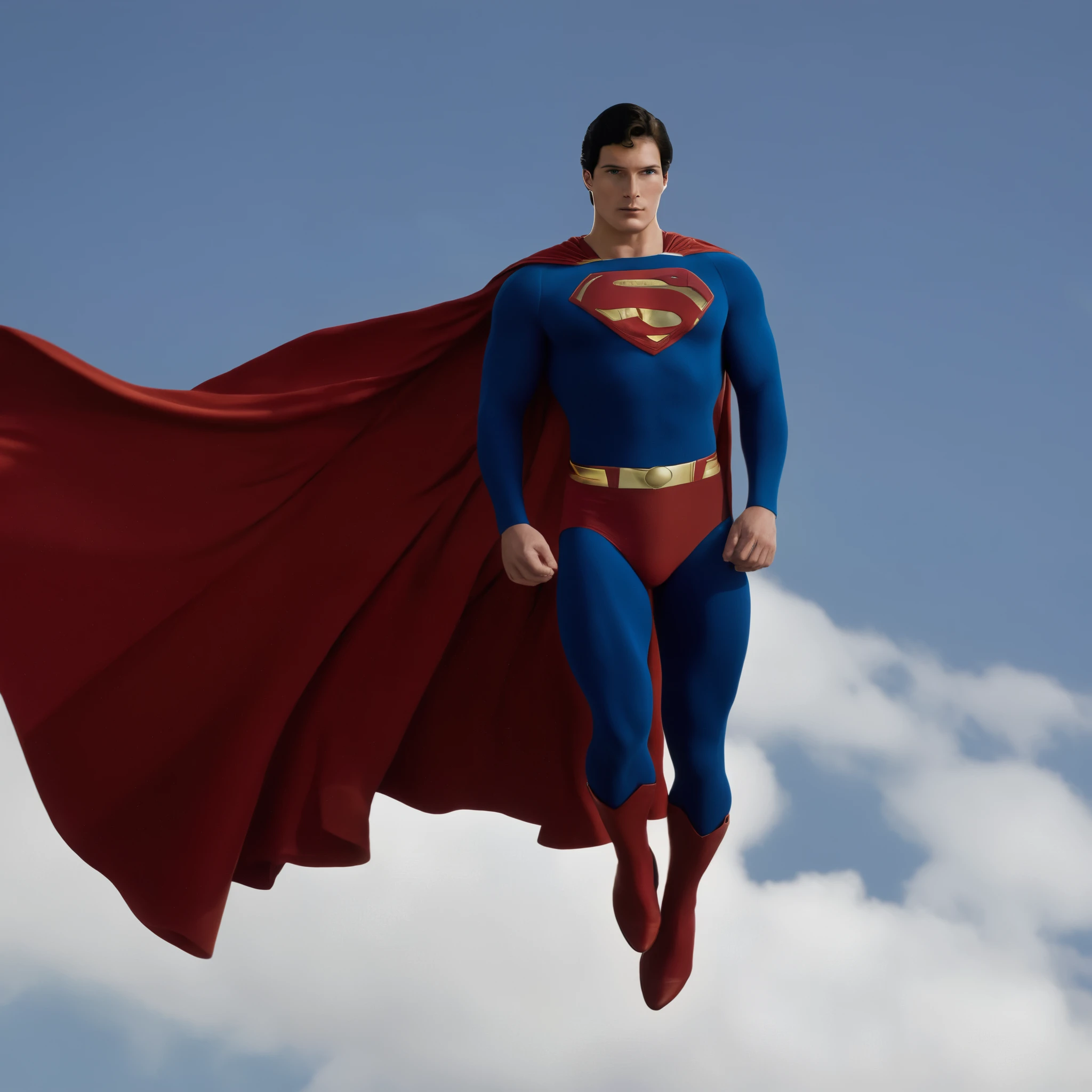 cinematic film still of Christopher Reeve, Kal-El, Kryptonian, Man of Steel, Superman, a 1970's man in a red cape, holding Lois Lane, hovering in the air, his black hair flowing slightly with the breeze, both of them looking at each other with intense emotion, upper body focus, male and female focus, cape billowing, realistic, red cape, superhero, blue bodysuit, Lois Lane's dress fluttering, shallow depth of field, vignette, highly detailed, high budget, bokeh, cinemascope, moody, epic, gorgeous, film grain, grainy