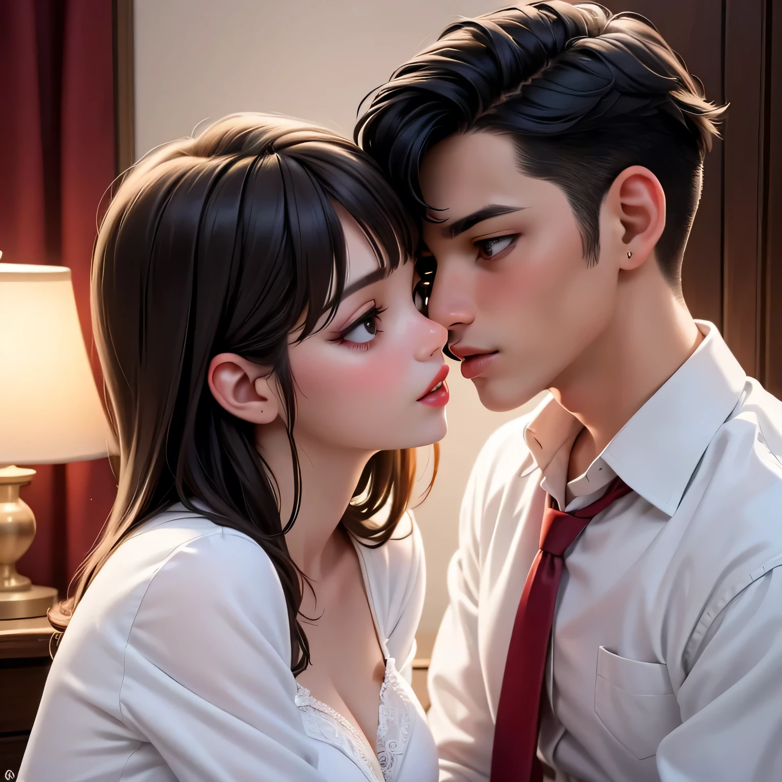 Amazing portrait of a sexy woman kissing and making out with a shirtless boy with her glossy red lips while wearing a sheer white shirt that reveals the red lacy lingerie that she's wearing underneath the shirt in a dimly lit room with one lamp giving off warm lighting
