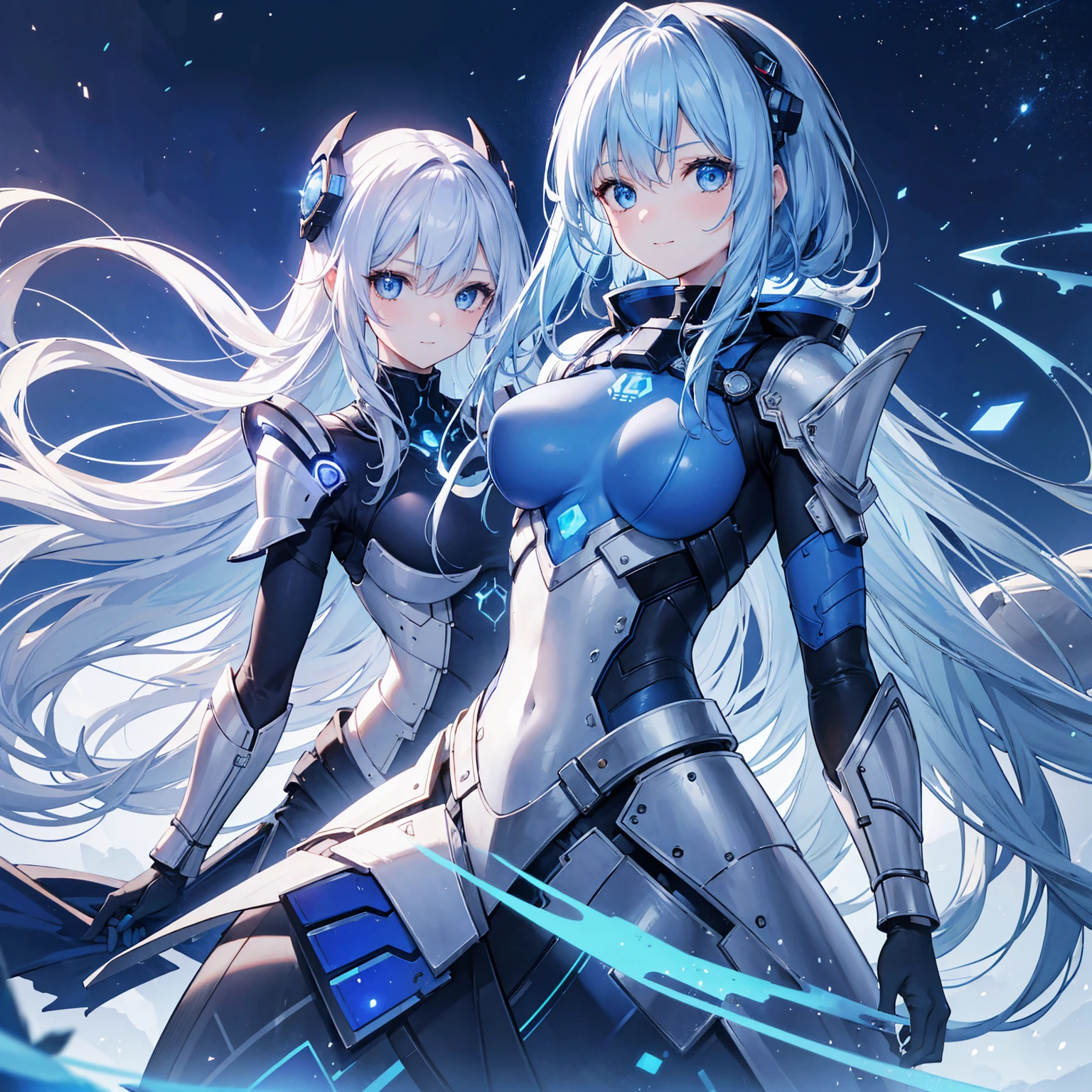 8k, highest quality, (real:1.4), Original photo, 1 girl, Asari Hair, Biological Amplifier, refined armor, posture: Peace talks between warring factions, smart blue eyes,A modest smile、Blue big moon and blue light swirl in the background、Blue light from behind
