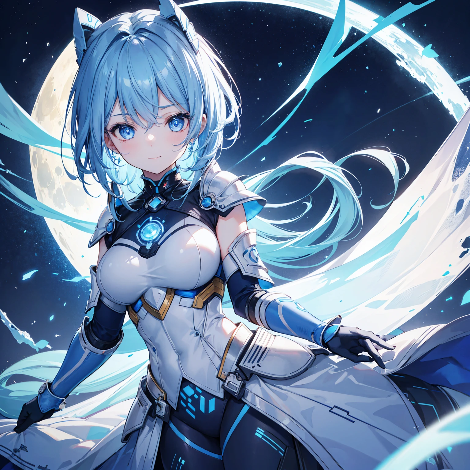 8k, highest quality, (real:1.4), Original photo, 1 girl, Asari Hair, Biological Amplifier, refined armor, posture: Peace talks between warring factions, smart blue eyes,A modest smile、Blue big moon and blue light swirl in the background、Blue light from behind

