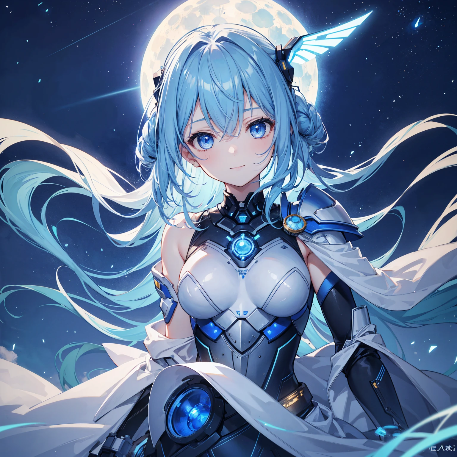 8k, highest quality, (real:1.4), Original photo, 1 girl, Asari Hair, Biological Amplifier, refined armor, posture: Peace talks between warring factions, smart blue eyes,A modest smile、Blue big moon and blue light swirl in the background、Blue light from behind
