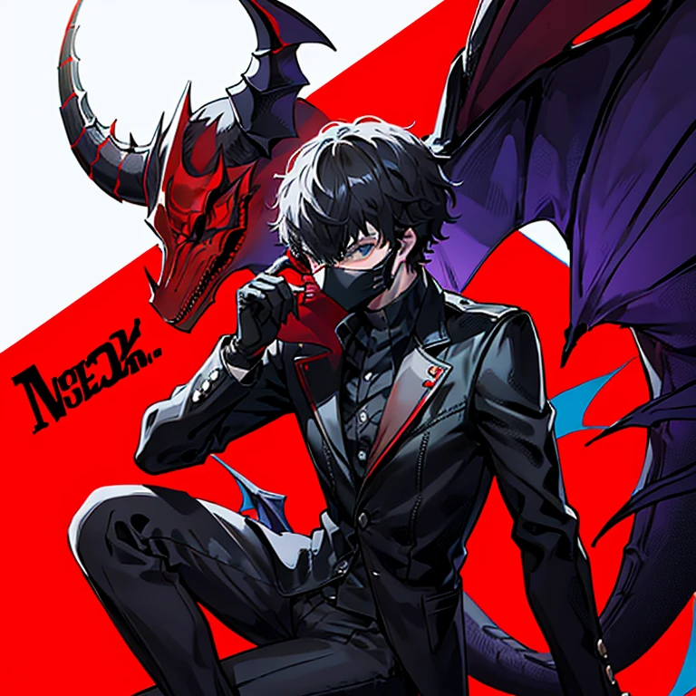 Cool guy covering his face with a fierce hornless dragon mask The main color is black, the secondary colors are red and blue, and the background is a cool space. alone Persona5For reference, only the Joker's outfit Show your whole body right down to your feet Wear cool headphones around your neck Sword on waist Also gives off an aura Dragon wings on the back Standing on a rock, her hair is a red and black mesh