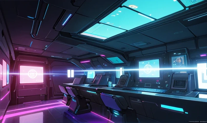 a detailed interior of a spaceship, complex control panels, glowing holographic displays, sleek metallic surfaces, advanced technology, vibrant colors, cinematic lighting, intricate details, high quality, masterpiece