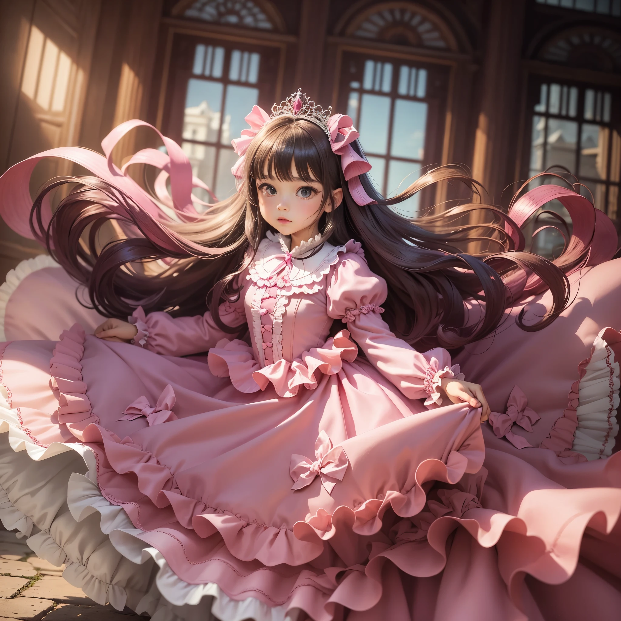 ,highest quality, masterpiece, highest resolution, artwork, super それにget used to it, many get used to it, get used to it, それにget used to it, 3K anime illustration,,(()),Super detailed baby face,both are princl length ball gown dress with hoop skirt,ruffle yoke collar,Finely woven ribbon on the chest,puff sleeves,long sleeve,((lolita style hot pink princess satin dress、Comes with lots of frills and ribbons。)),crazy'colorful fashion,shiny silk satin dress,soft and smooth silk satin fabric,luxury,Very long blonde hair,blue eyes,white skin european,pajamas,((Outside the palace)),Princess dancing happily,gorgeous flowing dress,fine white frills and lace,Super long hair that is as tall as your body,the princess is running,cobblestone floor,