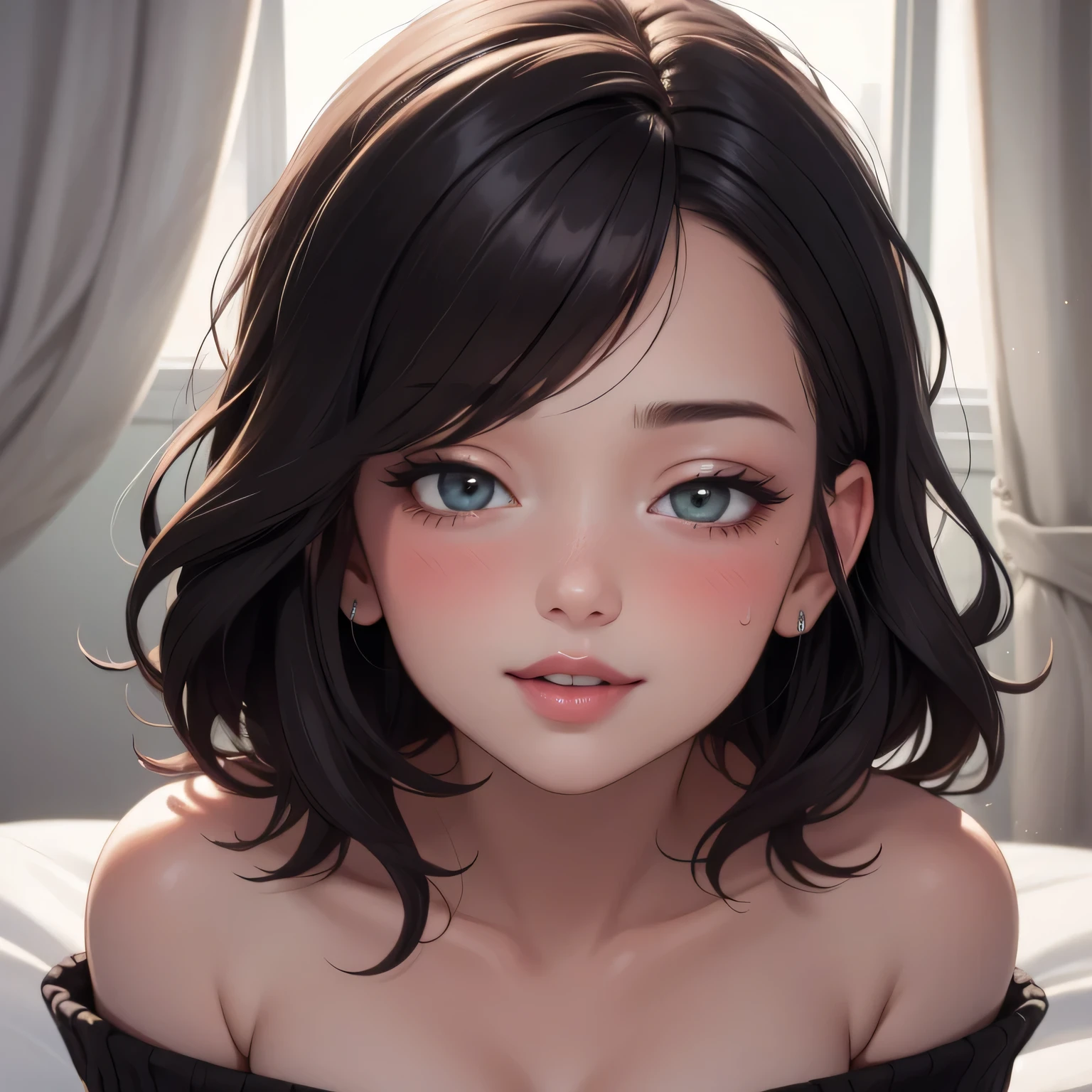(best quality,highres),sexy,cute woman,black hair braided,soft,seductive eyes,blushing,parted pink lips,seductive smile,long neck,collarbone,medium chest,cleavage emphasised,off shoulder t-shirt,bare shoulders,portraits