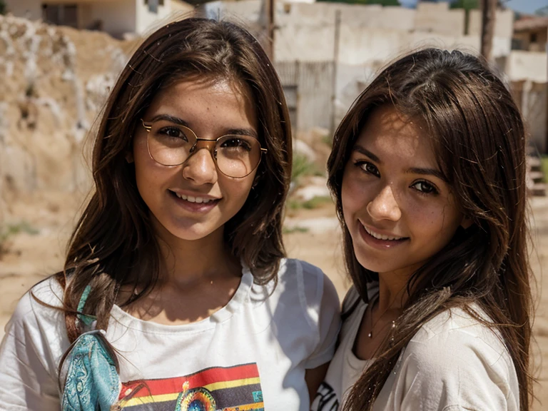 photoreal portrait of 3 happy Colombian girls in colorful Comuna 13, medellincolombia, fully clothed,
