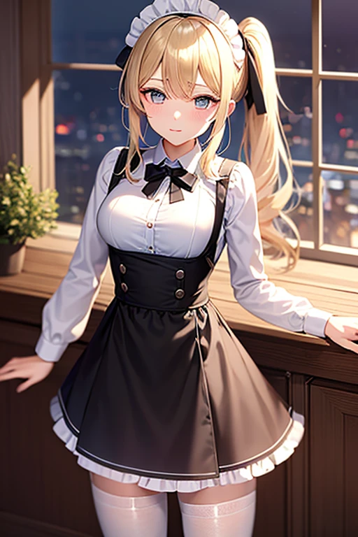 Masterpiece, best quality, mackerel, 1 woman, hayasaka ai, alone, blonde hair, maid, blue eyes, side ponytail, hair tie, headdress, 파란색 hair tie, maid headdress, apron, hair between eyes, chest, long sleeves, forehead, white shirt, black dress, side lock, maid apron, black pantyhose,  cowboy shot,  