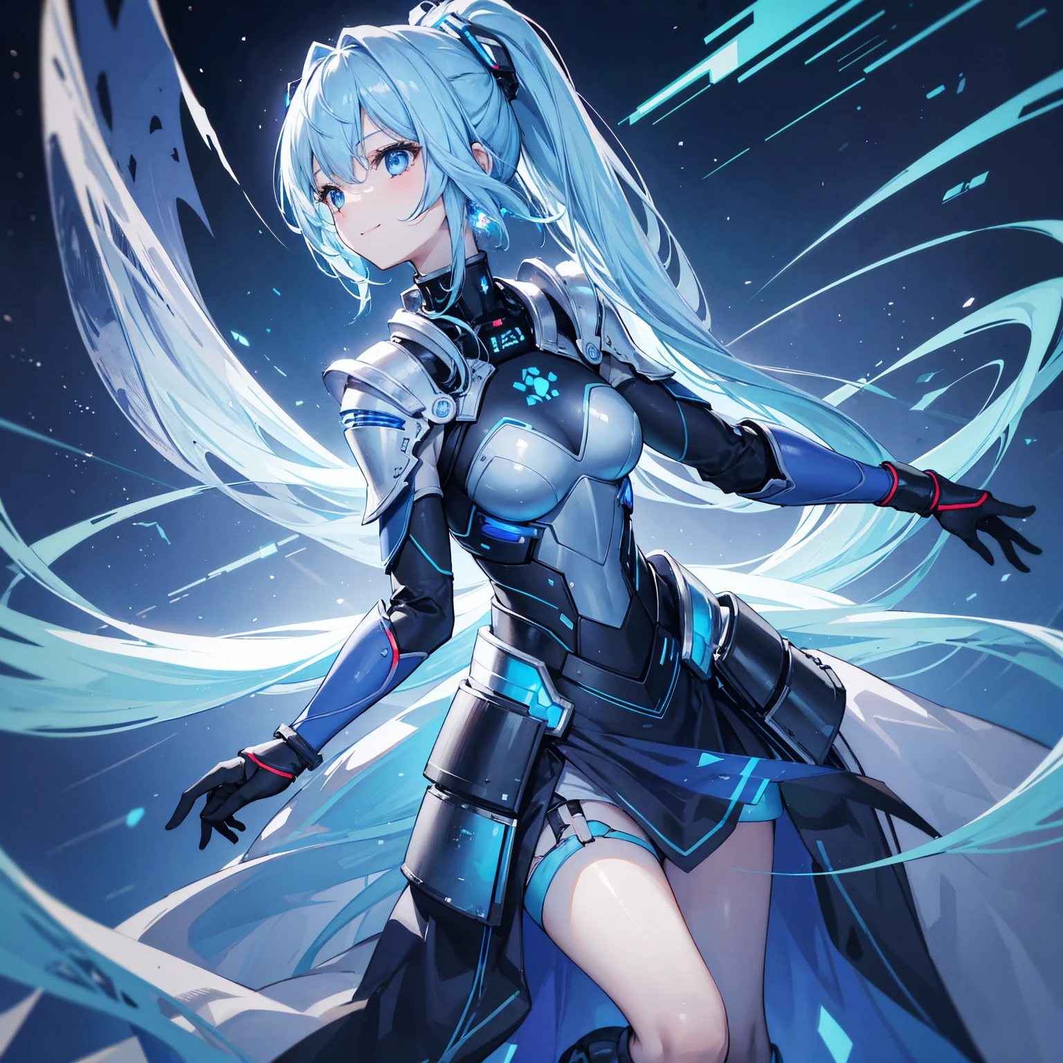 8k, highest quality, (real:1.4), Original photo, 1 girl, Asari Hair, Biological Amplifier, refined armor, posture: Peace talks between warring factions, smart blue eyes,A modest smile、Blue big moon and blue light swirl in the background、Blue light from behind
