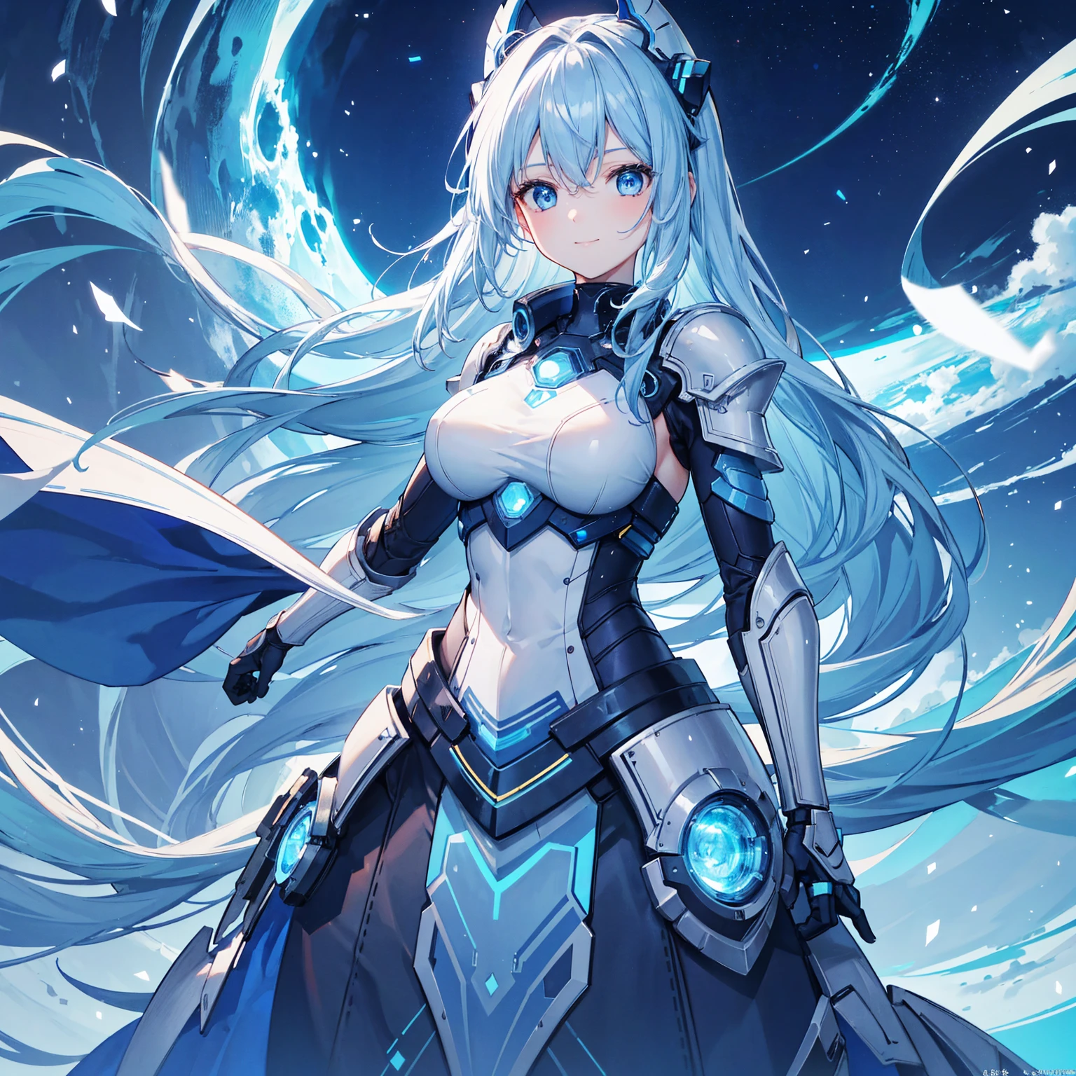 8k, highest quality, (real:1.4), Original photo, 1 girl, Asari Hair, Biological Amplifier, refined armor, posture: Peace talks between warring factions, smart blue eyes,A modest smile、Blue big moon and blue light swirl in the background、Blue light from behind
