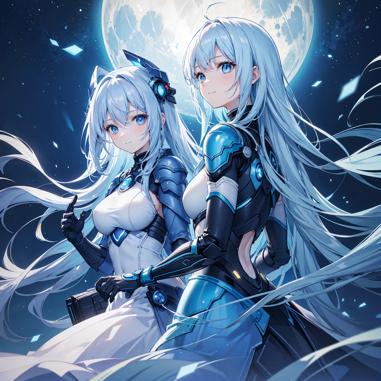 8k, highest quality, (real:1.4), Original photo, 1 girl, Asari Hair, Biological Amplifier, refined armor, posture: Peace talks between warring factions, smart blue eyes,A modest smile、Blue big moon and blue light swirl in the background、Blue light from behind