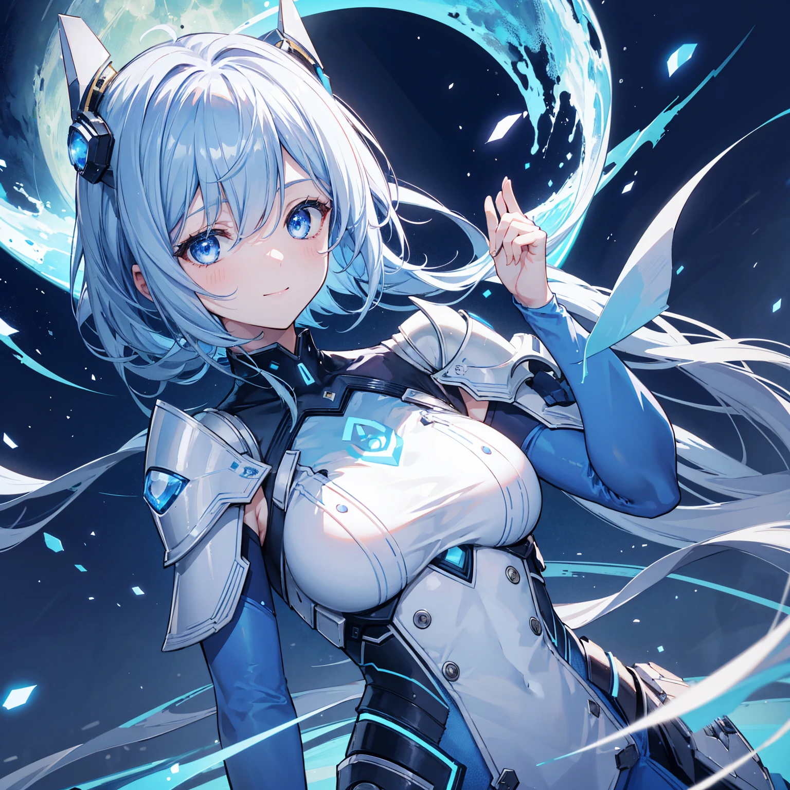 8k, highest quality, (real:1.4), Original photo, 1 girl, Asari Hair, Biological Amplifier, refined armor, posture: Peace talks between warring factions, smart blue eyes,A modest smile、Blue big moon and blue light swirl in the background、Blue light from behind
