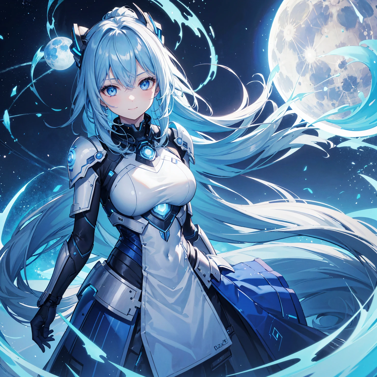 8k, highest quality, (real:1.4), Original photo, 1 girl, Asari Hair, Biological Amplifier, refined armor, posture: Peace talks between warring factions, smart blue eyes,A modest smile、Blue big moon and blue light swirl in the background、Blue light from behind