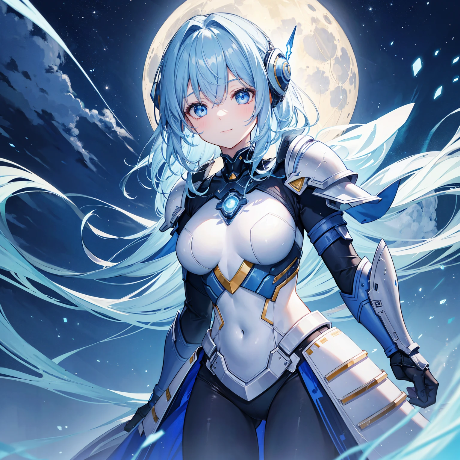 8k, highest quality, (real:1.4), Original photo, 1 girl, Asari Hair, Biological Amplifier, refined armor, posture: Peace talks between warring factions, smart blue eyes,A modest smile、Blue big moon and blue light swirl in the background、Blue light from behind
